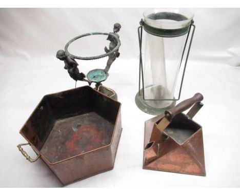 C20th Christopher Dresser style copper kettle with riveted brass handle, turned hardwood grip (lacking lid), C20th cast brass