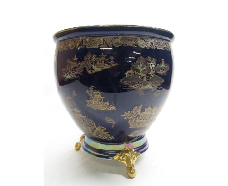 W &amp; R Carlton Ware navy blue ground chinoiserie decorated Kang Hsi jardinière on matching stand D26cm H27cm 