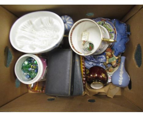 Collection of various ceramics including Wedgwood Jasperware, Hummel figurine, Paragon Charles and Diana loving cup, Carlton 