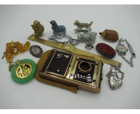 Ladies vanity set with manicure set, compact and mirror in the form of a camera, Oriental painted carved wood brooch, small l