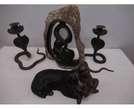 Resin sculpture of dog and baby by Patsy Ann, soapstone carving H30cm, pair of Indian brass cobra candlesticks (4) 