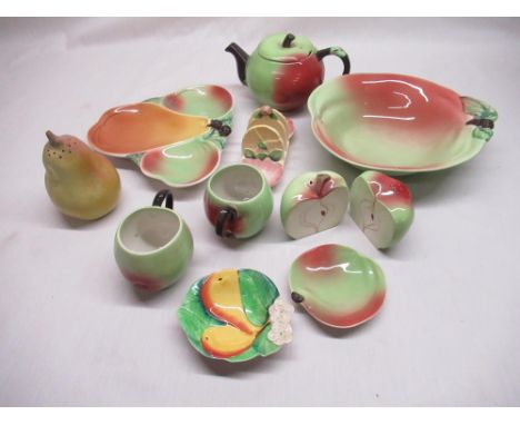 1930's Carlton Ware "Wild Rose" Australian Design toast rack, Carlton Ware teapot in the form of an apple, pair of matching t