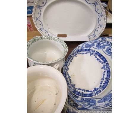 Early C20th Doulton Burslem Iris, print ware chamber pot, another early C20th chamber pot, blue and white meat plate, Port Mi