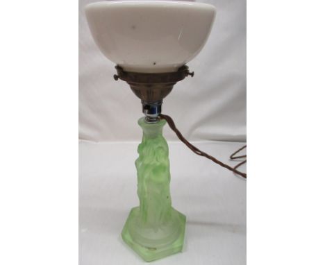 1930's uranium green moulded glass table lamp in the form of The Three Muses with stepped opaque shade, H43cm 