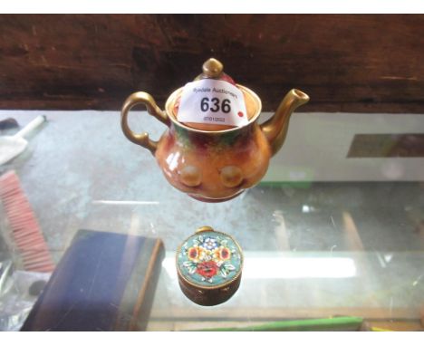 Miniature porcelain teapot painted with fruit by ex-Royal Worcester artist Terence Nutt H8cm, and a small micro mosaic trinke