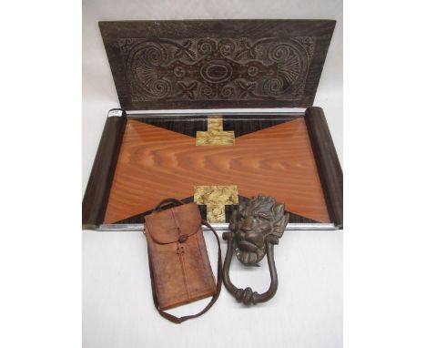 Art Deco tea tray with chromium plated mounts and rosewood handles W61cm D34cm,  late C18th/early C19th carved oak panel W55c