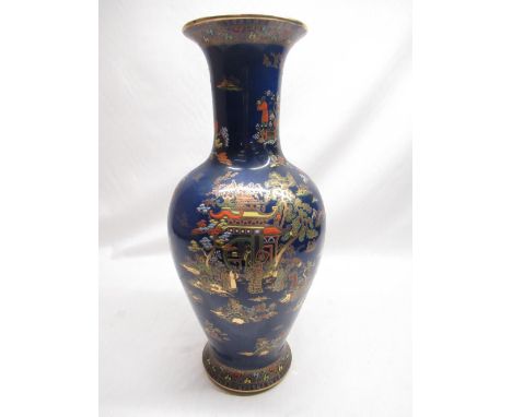 W &amp; R Carlton Ware navy blue lustre ware vase, baluster design with enameled chinoiserie decoration, bearing painters mar