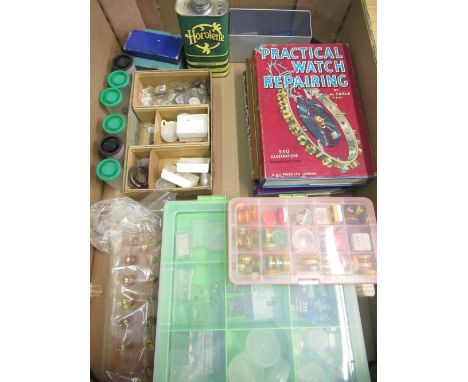 Horological spares including watch glasses, three books relating to clock and watch repairs, hair springs, winding crowns, ba
