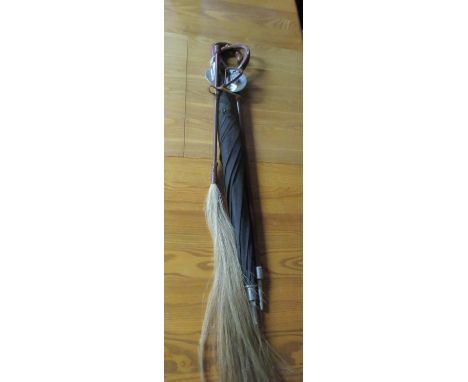 Vintage combination umbrella and shooting stick, another shooting stick, leather braided fly swat (3) 