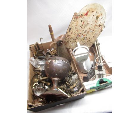 C20th copper and brass samovar, copper posser, brass measures, thirty hour eight day painted long case clock dial and other m