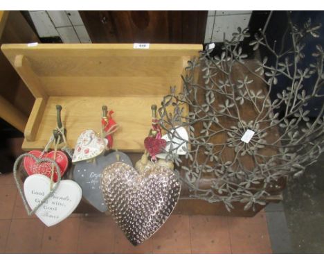 Modern pine coat rack hall shelf W50cm, with hanging hearts and a wire work open basket W46.5cm (2) 