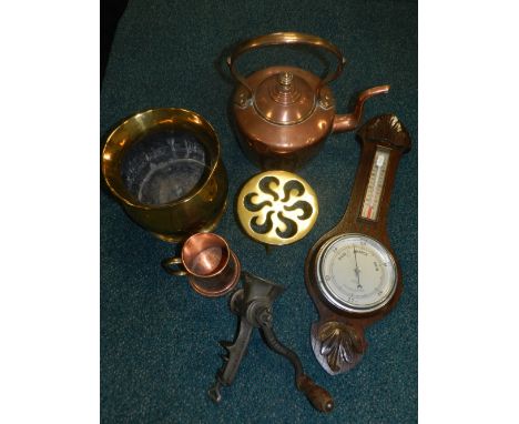 A quantity of mixed brass and copper wares together with an oak cased aneroid barometer