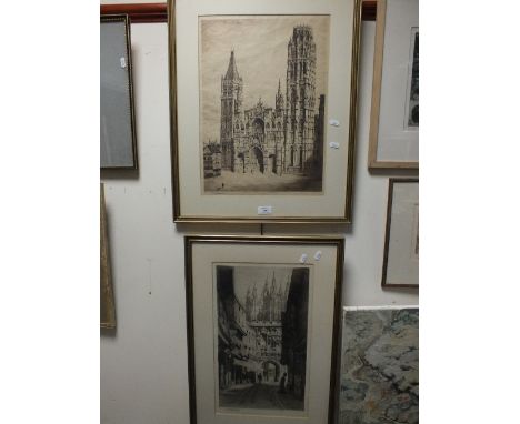 T G Dalgliesh, a view of a cathedral facade, signed lower left, etching together with another cathedral view by the same hand