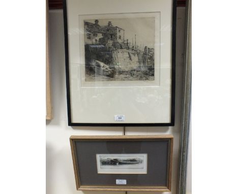 M Rudge, Beach Houses, Deal, signed, etching together with an etching titled 'Olga' by N Ward, a map of Somerset and an etchi