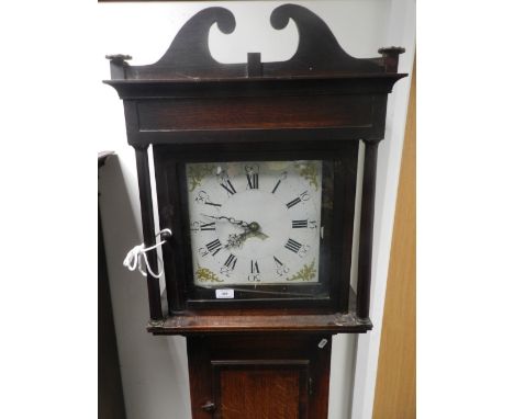 A George III oak and mahogany crossbanded 30 hour cottage longcase clock with white enamel dial and Roman numerals, date aper