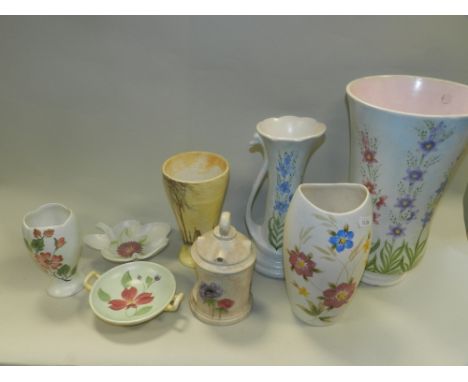 Two boxes and two trays of E Radford art pottery including vases, jugs, planters, condiments, teapot, etc 