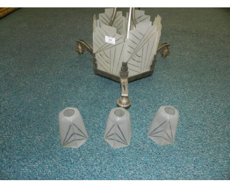 An Art Deco style cast metal and glass pendant ceiling light fitting
