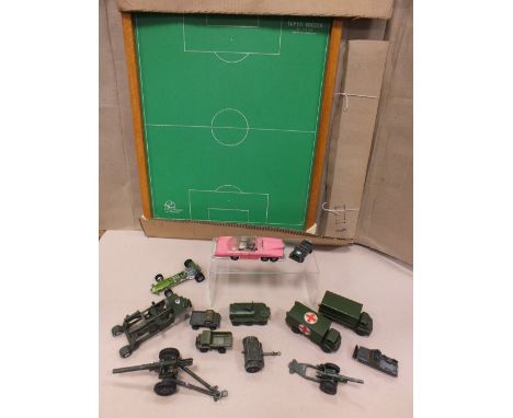 A box of die cast models to include: an original Dinky Fab1 and some Dinky Army Vehicles to include a Commer Ambulance, Three