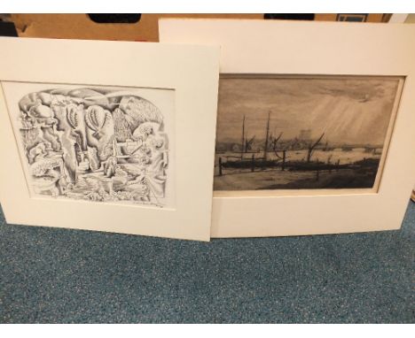A collection of prints and drawings to include a drawing by Adrian Hill, dated '51, a view of Rochseter by C K Baskett, signe