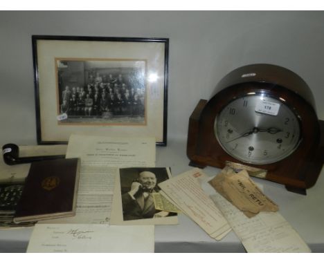 A mid 20th century Smiths Enfield mantel clock with inscribed plaque presented by Salop C W P Engine Men and Firemen to J A A