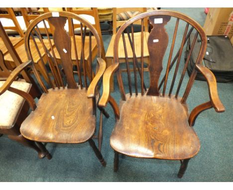 A pair of elm seat hoop and stick back open armchairs, late 19th/early 20th century 