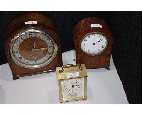 Oak cased mantel clock, Edwardian marquetry inlaid mantel clock, brass cased carriage style clock, (3)