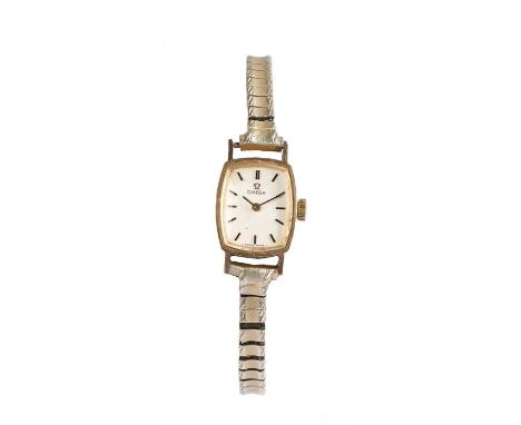 Omega 9 carat gold cased ladies wristwatch, the signed white dial with baton numerals, manual wound, the case 14mm x 18mm, to