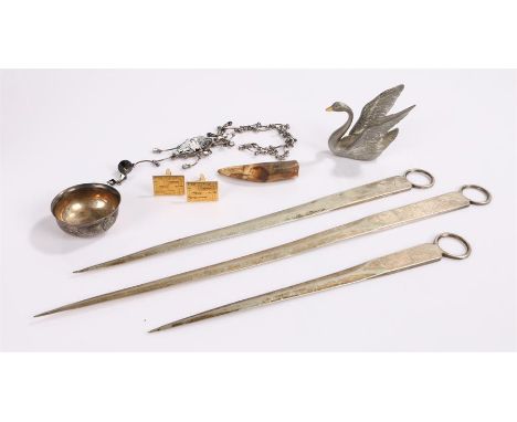 Three silver plated meat skewers, together with a George III silver ladle bowl, a pair of cufflinks, a necklace and a swan mo