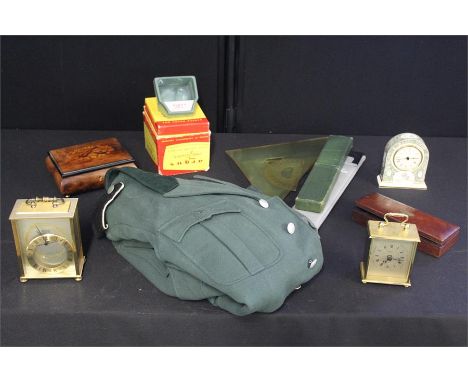 Mixed lot to include a boxed Argus colour slide viewer, slide rules and protractors, carriage clocks, music box, post war Ger