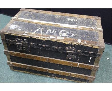 Canvas mounted cabin trunk, with wooden and metal banding, 69cm wide