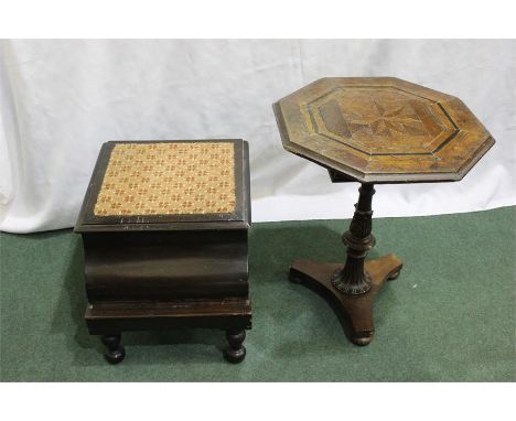 Victorian work table, the tilting octagonal top with star inlay to the centre, on an acanthus leaf and gadrooned carved stem,