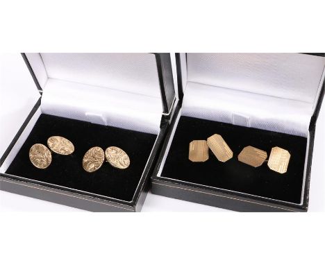 Two pairs of cufflinks, with a pair of 9 carat on silver and a pair of engraved gilt metal examples