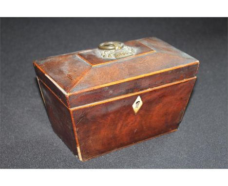 George III mahogany tea caddy, with an angled top above the conforming base, bow velvet lined interior 