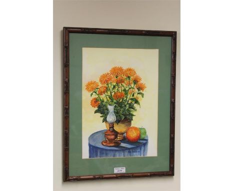 Watercolour entitled Chrysanthemums with Lamp and Fruit by Jan Wasilewski, 24 cm x 33 cm, (After the German invasion of Polan
