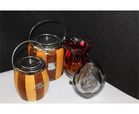 Orrefors smoke coloured glass vase, Bohemia glass vase, two wooden and plate mounted biscuit barrels, (4)