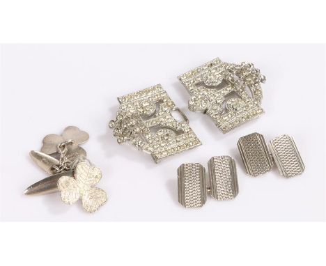 Two pairs of silver cufflinks, to include a clover pair and a rectangular pair, also together with a paste buckle, (5)