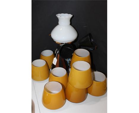 Reading lamp with white glass shade, two pendant lights, nine amber glass light shades, (qty)