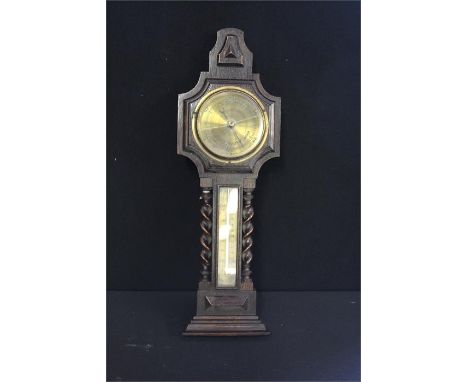 Oak cased barometer/thermometer retailed by Maple and Co Ltd London, stepped pediment above barleytwist columns, 17.5 cm wide