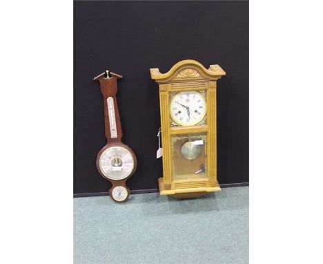 Barometer/thermometer, wall clock, Chinese embossed carpet, two footstools, wicker picnic hamper, candle stand, two suitcases