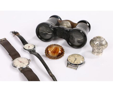 Wristwatches, to include a Timex, a Smiths and an unsigned Swiss example, together with a brooch, silver can top and a pair o