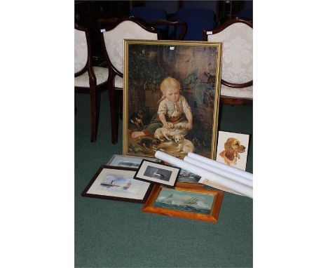 Watercolour depicting sailing vessels, porcelain panel decorated with a depiction of the Empress of China, print of a young g