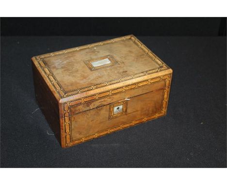 19th Century walnut and inlaid box, with a mother of pearl panel to the banded top an conforming base, 25cm wide