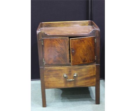 George III tray top commode, the gallery top with carrying handle slots above a cupboard and a drawer, 52cm wide