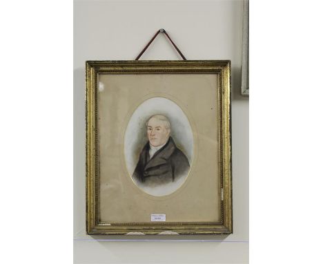 19th century portrait depicting a gentleman wearing a black jacket and white shirt, in an oval mount and gilt frame, the wate