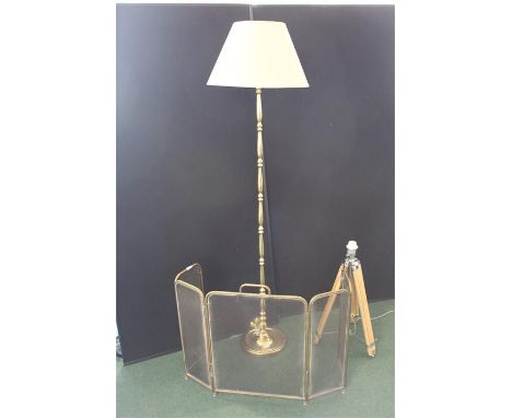 Brass standard lamp, adjustable tripod lamp, brass spark guard (3)