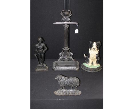 Four cast iron door stops, lamp post, sheep, Collie, Nelson, (4)