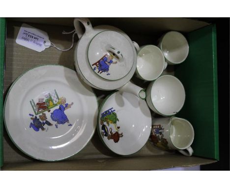 Early 20th Century Children's tea service, Goldilocks and the three bears, to include a teapot, two cups and saucers, two pla