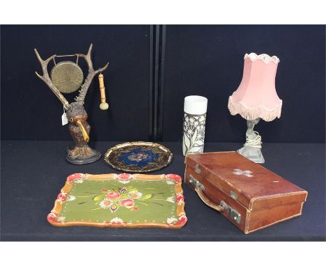 1930's Art Deco lamp, together with a Swedish art pottery vase, a bizarre wooden antlered bird gong,two painted trays, and a 