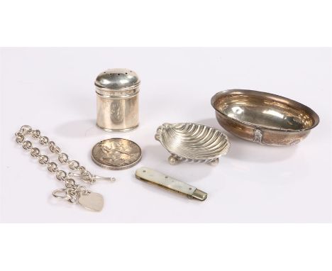 Silver items, various dates and makers, to include toddy ladle bowl, shell form salt, bracelet, World War One British war med