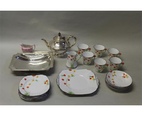 Silver plated wares, to include a basket and a teapot, also together with a part Phoenix China T.F. &S service, (qty) 